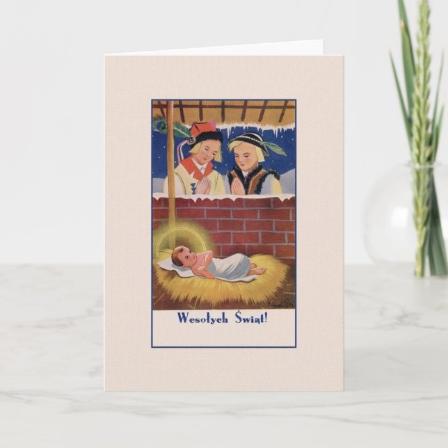 Vintage polnische Wesołyeh Świąt Weihnachtskarte Feiertagskarte (Vorderseite)