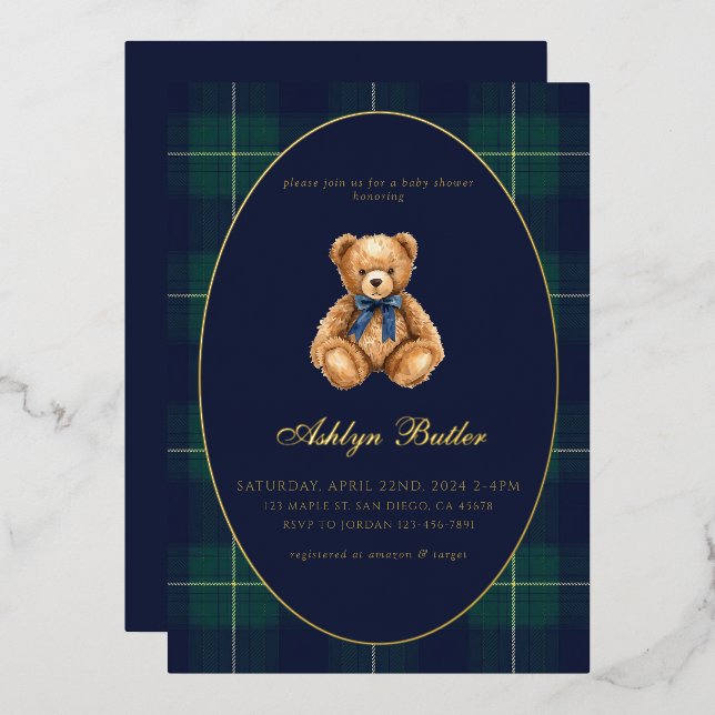 Vintage Polo Bear Baby Shower Foil Invitation Folieneinladung (Vorderseite/Rückseite)