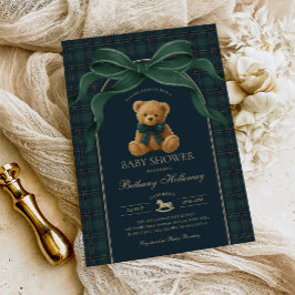 Vintage Polo Teddy Bear Green Plaid Baby Shower Einladung