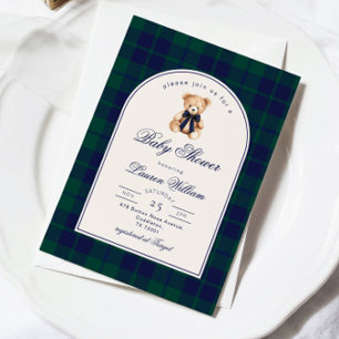 Vintage-Polo-Teddybär Navy-Kariert Baby-Party Einladung