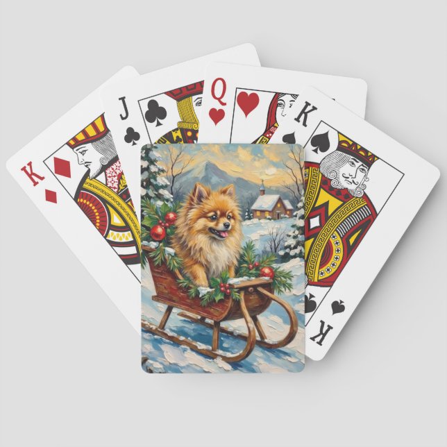 Vintage Pomeranian in Wooden Christmas Sleigh Spielkarten (Rückseite)