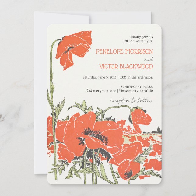 Vintage Poppy Field Letterpress-Hochzeit Einladung (Vorderseite)