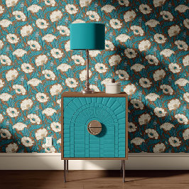 Vintage Poppy in cream teal blue rust Tapete