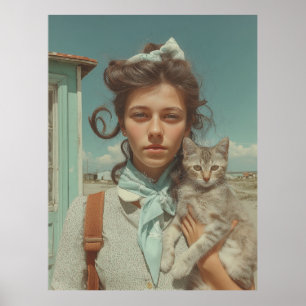 Vintage-Porträt eines Mädchens mit Kätzchen Poster