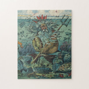 Vintage-Poseidon- & gesunkene Schiffe-Illustration