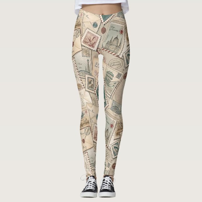 Vintage Postage Stamps Leggings (Vorderseite)