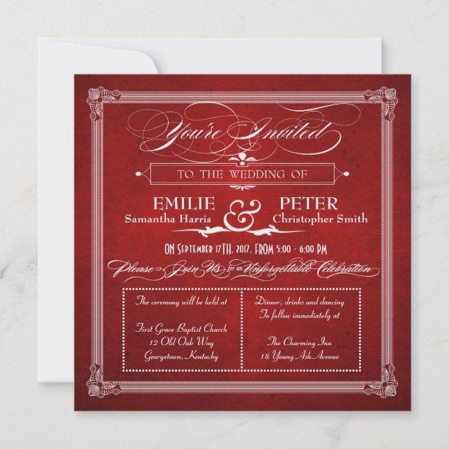 Vintage Poster Red & Silver Square Hochzeit Einlad Einladung (Vorderseite)
