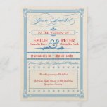 Vintage Poster Red, White & Blue Wedding Einladung<br><div class="desc">Die helle, cremefarbene Hochzeitseinladung, die auch für die Wegbeschreibung und den Empfang auf der Rückseite mit rot-blauen Text- und Designelementen bestimmt ist, hat ein Vintages, altmodisches Ambiente mit altmodischem Briefdesign, inklusive aufwändiger Script-Elemente, einem dekorativen Banner, Sternen und einem Wirblen Ampersand. Die extravagante Einladung wird durch Vintages Design und stilvolle Plakate...</div>