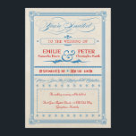 Vintage Poster Red, White & Blue Wedding Einladung<br><div class="desc">Die helle, cremefarbene Hochzeitseinladung, die auch für die Wegbeschreibung und den Empfang auf der Rückseite mit rot-blauen Text- und Designelementen bestimmt ist, hat ein Vintages, altmodisches Ambiente mit altmodischem Briefdesign, inklusive aufwändiger Script-Elemente, einem dekorativen Banner, Sternen und einem Wirblen Ampersand. Die extravagante Einladung wird durch Vintages Design und stilvolle Plakate...</div>