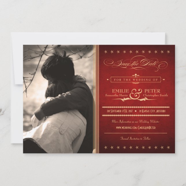 Vintage Poster Rich Red Foto Save the Date (Vorderseite)