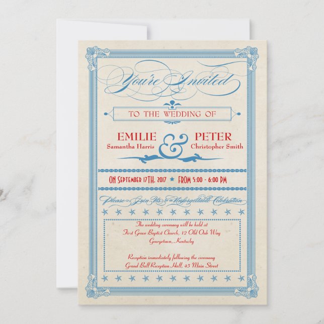 Vintage Poster Rot, Weiß & Blau Hochzeit, UAWG Einladung (Vorderseite)