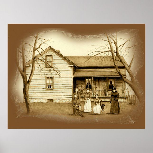 Vintage Poster: Sepia Zeichnend Bauernfamilie Poster (Vorne)