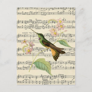 vintage Postkarte botanischer Kolibri Musik
