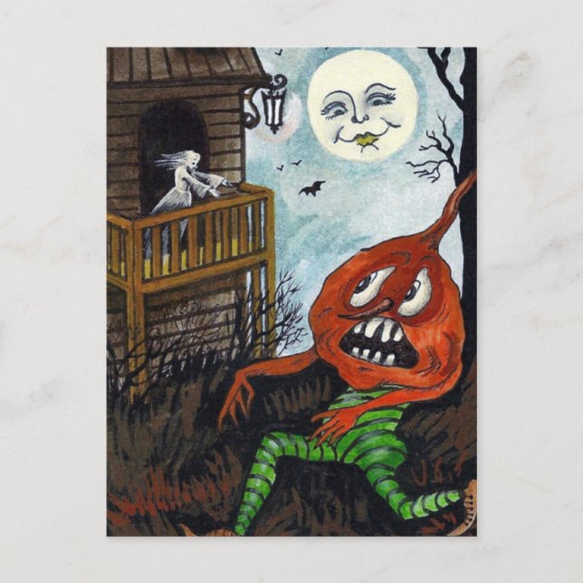 Vintage Postkarte des Halloween-Geist-Kürbismondes (Vorderseite)