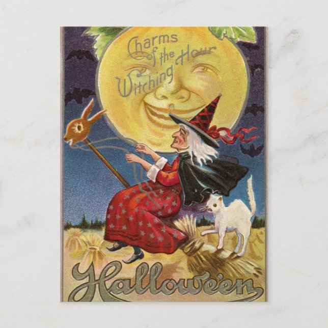 Vintage Postkarte Halloween-Mondkatzenkatze (Vorderseite)
