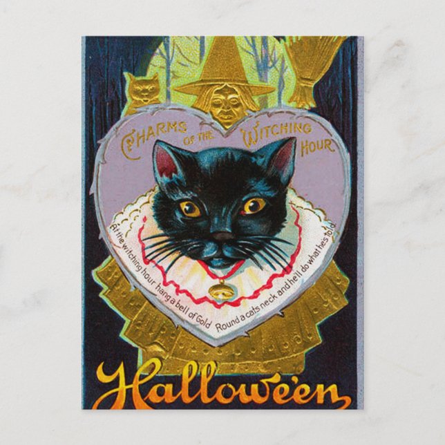 Vintage Postkarte Halloween-Mondkatzenkatze (Vorderseite)