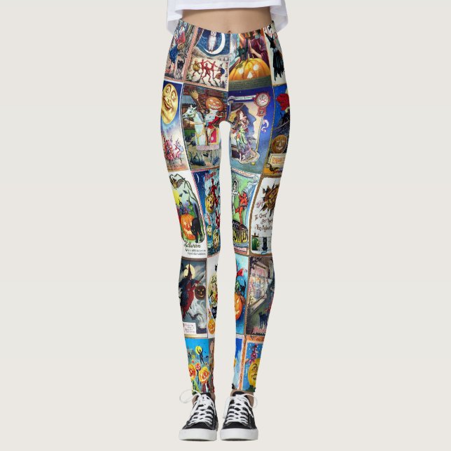 Vintage Postkarte Halloweens Leggings (Vorderseite)