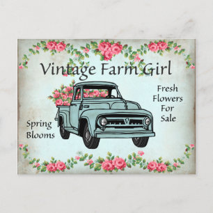 Vintage Postkarte mit Lastwagen und Farmmädchen