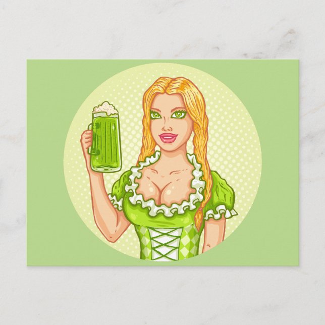 Vintage Postkarte mit Mädchen und Bier (Vorderseite)