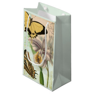 Vintage Postkarte mit Schmetterlingen und Blumen Kleine Geschenktüte