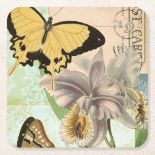 Vintage Postkarte mit Schmetterlingen und Blumen Rechteckiger Pappuntersetzer