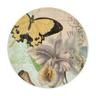 Vintage Postkarte mit Schmetterlingen und Blumen Schneidebrett