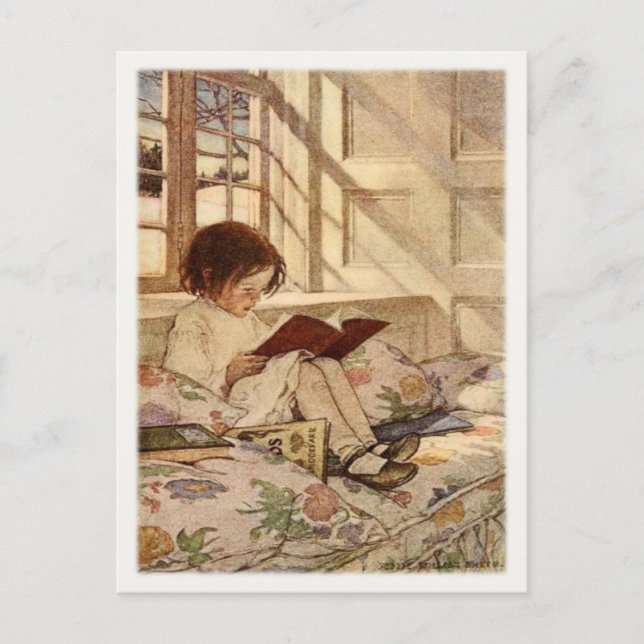 Vintage Postkarte mit Sweet Girl Reading (Vorderseite)