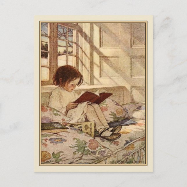 Vintage Postkarte mit Sweet Girl Reading (Vorderseite)
