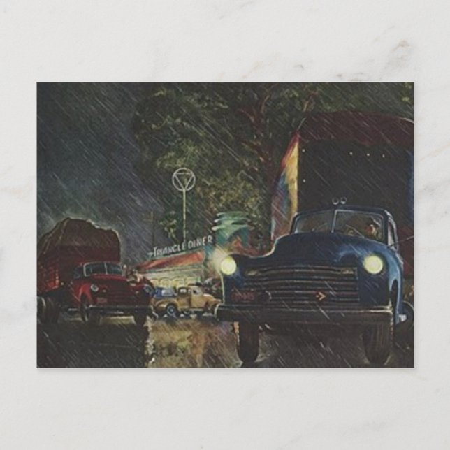 Vintage Postkarte Retro Rainy Night Roadside Diner (Vorderseite)