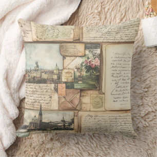 Vintage PostkartenCollage mit europäischen Briefen Kissen