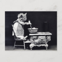 Vintage Postkartenkatze im Kleid Kochen