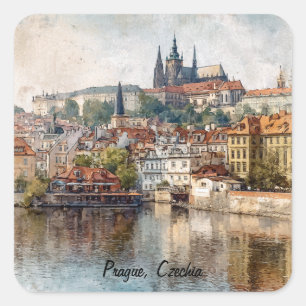 Vintage Prag Tschechien Aquarellmalerei  Quadratischer Aufkleber