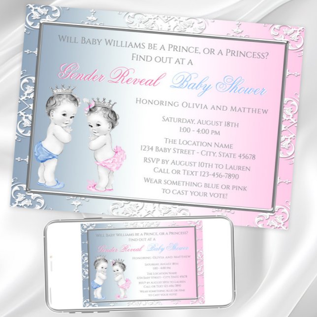 Vintage Prinzessin Gender Reveal Baby Dusche Einladung (Adorable gender reveal or twins invitation. Instant download and printed invitations available.)