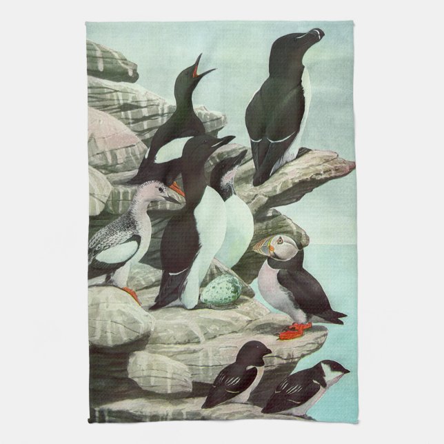 Vintage Puffins und Wasservögel von Louis Futes Geschirrtuch (Vertikal)