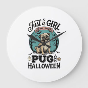Vintage-Pug-Halloween-Mädchen-Hundeliebhaber-Shirt Große Wanduhr
