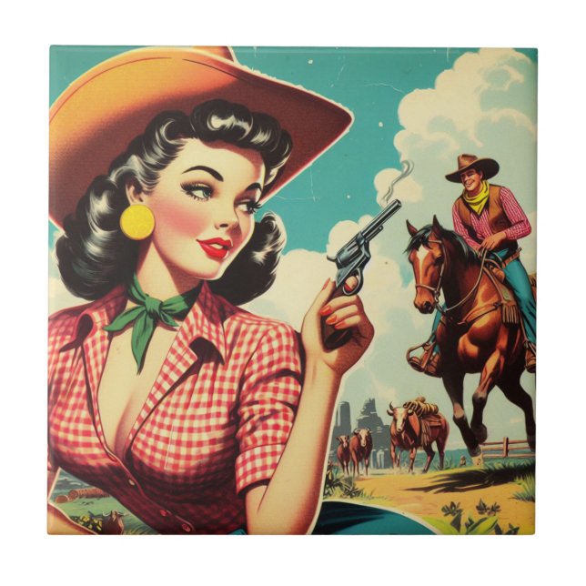 Vintage Pulp Cowgirl Illustration Fliese (Vorderseite)