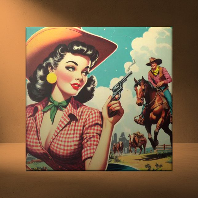 Vintage Pulp Cowgirl Illustration Fliese (Von Creator hochgeladen)