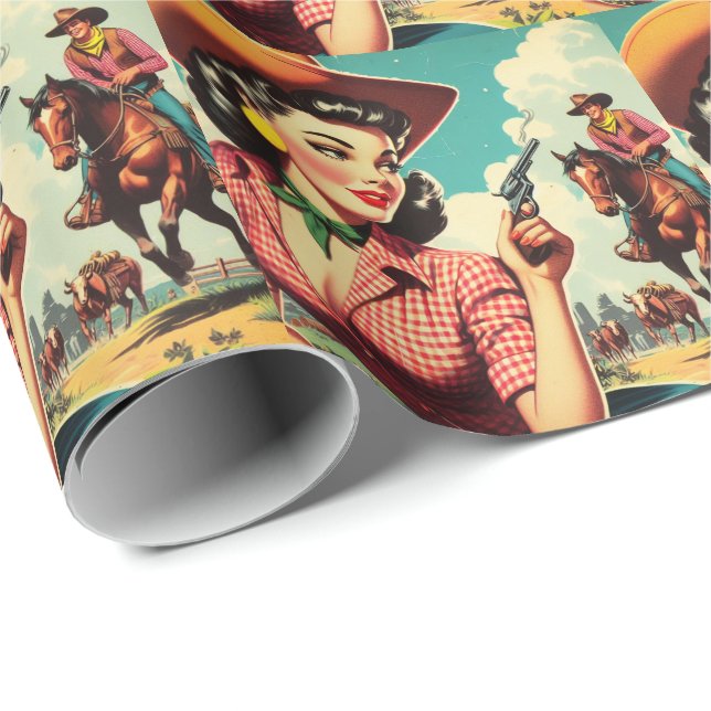Vintage Pulp Cowgirl Illustration Geschenkpapier (Rolleneckpunkt)