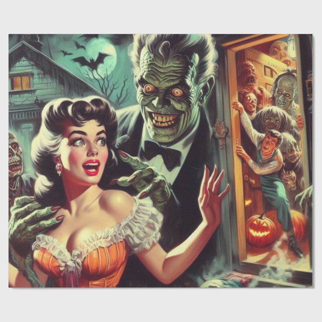 Vintage Pulp Horror Girl Illustration Geschenkpapier (Flach)