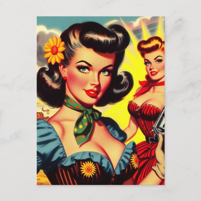 Vintage Pulp Western Girls Postkarte (Vorderseite)