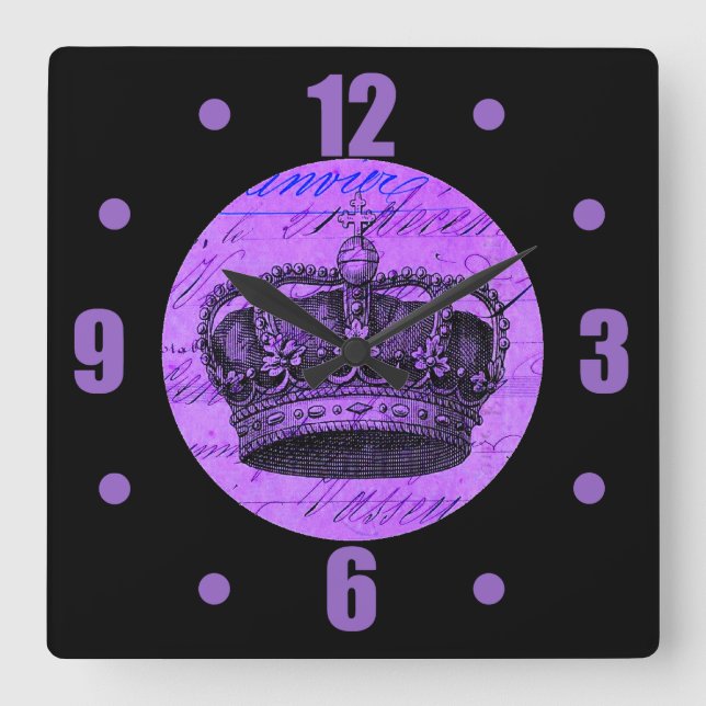 Vintage Purple Royal French Crown Collage Quadratische Wanduhr (Vorderseite)
