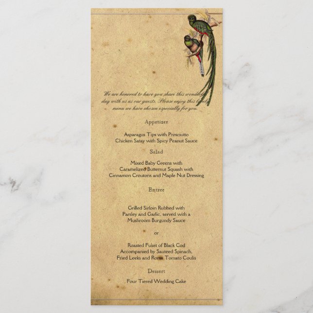 Vintage Quetzal Bird Elegant Wedding Menu (Devant)