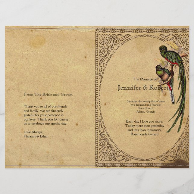 Vintage Quetzal Bird Elegant Wedding Programme (Devant)