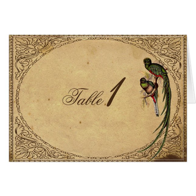 Vintage Quetzal-Vogel-elegante Tischnummerkarte (Vorderseite (Horizontal))