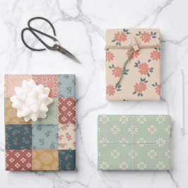 Vintage Quilt Wrapping Paper Flat Sheet Set of 3 Geschenkpapier Set