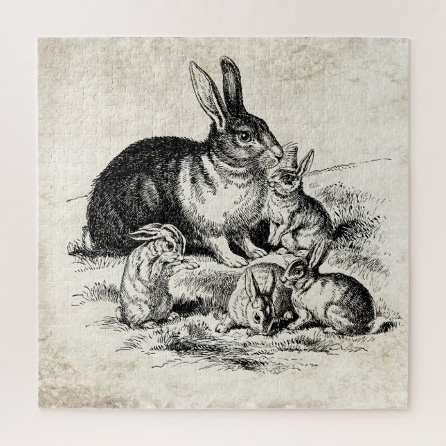 Vintage Rabbit-Familiendarstellung, Baby Bunnies (Vertikal)