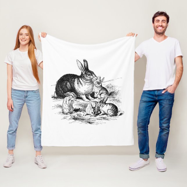 Vintage Rabbit-Familiendarstellung, Baby Bunnies Fleecedecke (Beispiel)