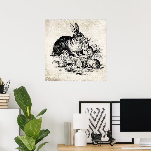 Vintage Rabbit-Familiendarstellung, Baby Bunnies Poster (Heimbüro)