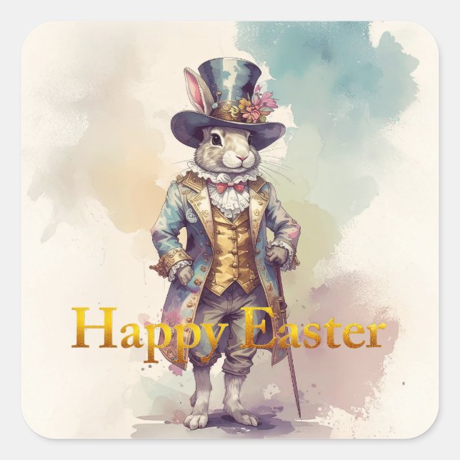 Vintage rabbit top hat Happy Easter Quadratischer Aufkleber (Vorderseite)