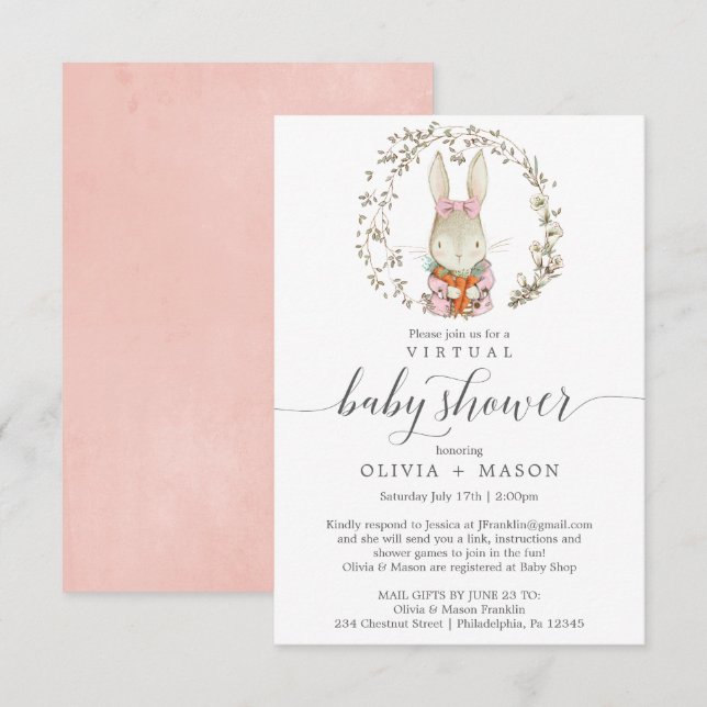 Vintage Rabbit Virtual Baby Shower Einladungskarte (Vorne/Hinten)